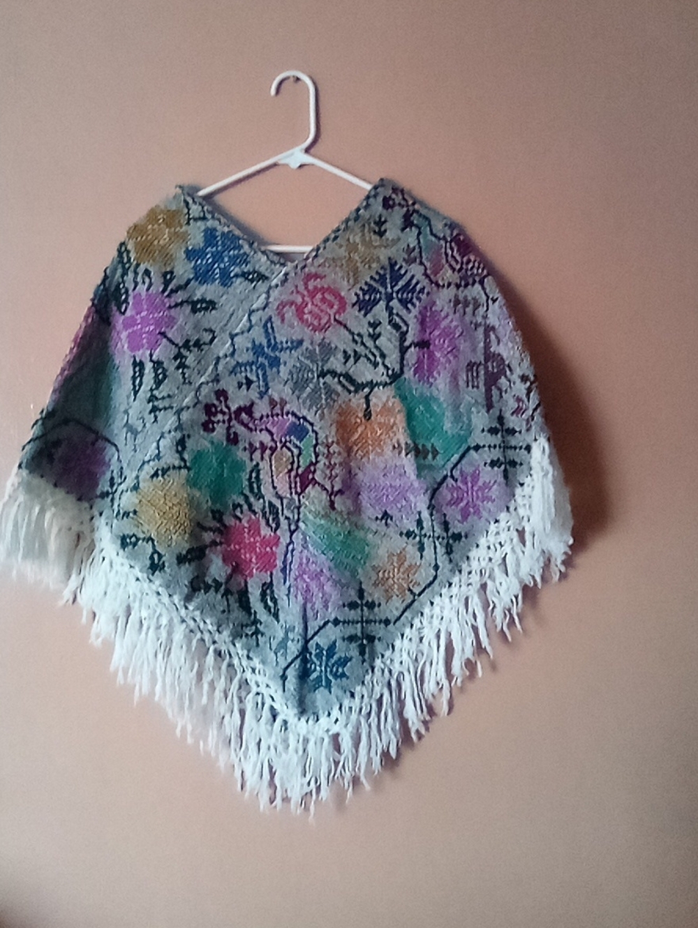 Colorful Floral Knit Poncho with Fringe ( Hang ) - Picture 2 of 6
